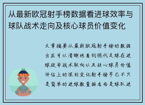 从最新欧冠射手榜数据看进球效率与球队战术走向及核心球员价值变化