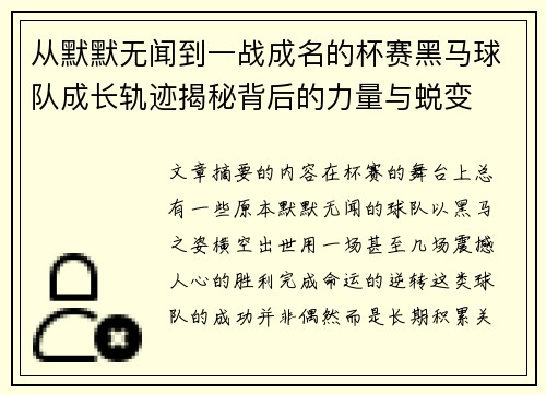 从默默无闻到一战成名的杯赛黑马球队成长轨迹揭秘背后的力量与蜕变