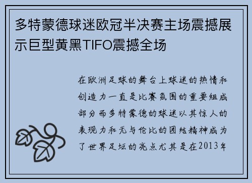 多特蒙德球迷欧冠半决赛主场震撼展示巨型黄黑TIFO震撼全场